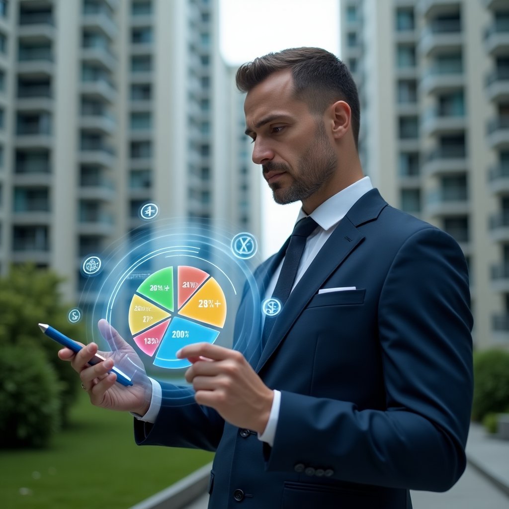 Ultra-realistic condominium manager in a navy blue executive suit, set in a modern luxury condominium environment with high-rise buildings and lush green landscaping, analyzing a holographic pie chart of expense fractions with a digital pen in hand, transparent floating financial icons and fractional allocation graphics around him, cinematic lighting, shallow depth of field, highly detailed textures, realistic skin, photographic realism, 8k resolution --ar 1:1 --v 6