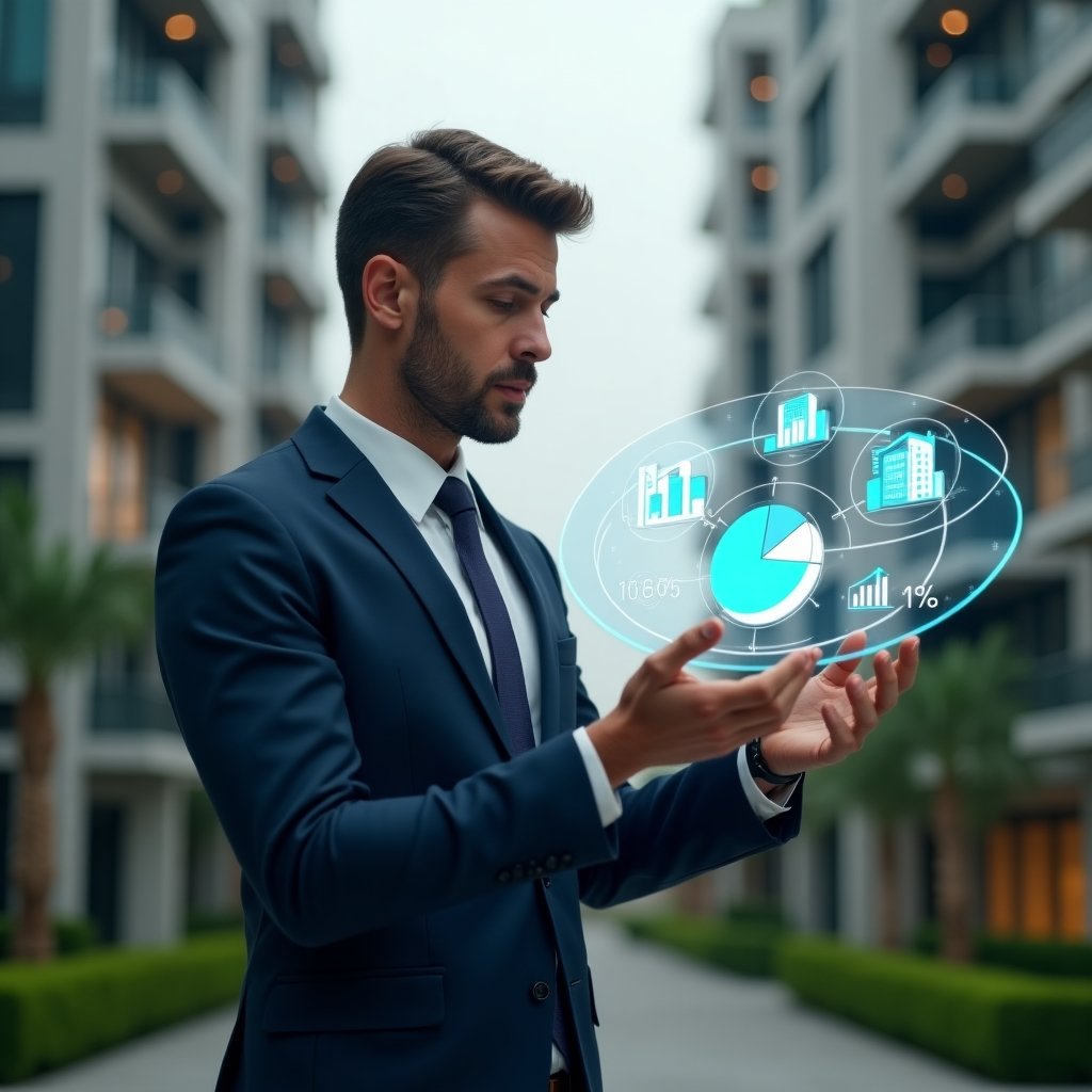 (Ultra-realistic condominium manager in a tailored navy suit, set in a modern luxury condominium environment with high-rise buildings and lush green landscaping, analyzing a floating holographic pie chart and 3D fraction ideal diagram with a focused, confident expression, surrounded by subtle holographic icons of buildings and financial graphs, cinematic lighting, shallow depth of field, highly detailed textures, realistic skin, photographic realism, 8k resolution --ar 1:1 --v 6)