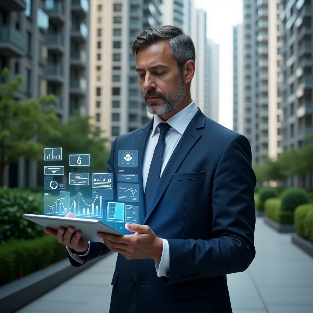 Ultra-realistic condominium manager in a navy blue executive suit, set in a modern luxury condominium environment with high-rise buildings and manicured green gardens, holding a transparent holographic tablet displaying digital dashboards with graphs and communication icons, floating UI panels showing financial charts and message bubbles, confident and focused expression, cinematic lighting, shallow depth of field, highly detailed textures, realistic skin, photographic realism, 8k resolution --ar 1:1 --v 6
