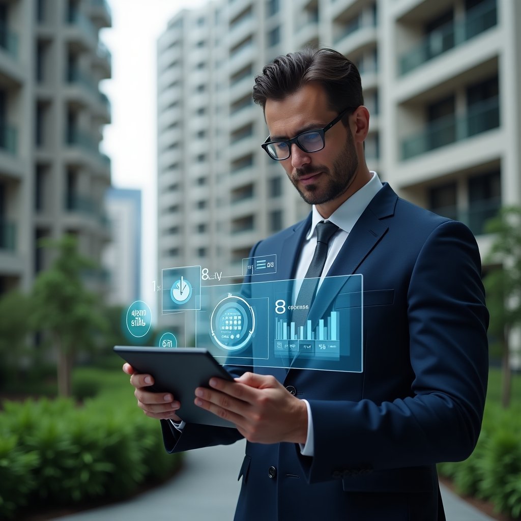 (Ultra-realistic condominium manager in a navy blue suit, set in a modern luxury condominium environment with high-rise buildings and lush green landscaping, standing in a medium shot while reviewing a digital tablet displaying holographic expense charts and pie graphs, holographic money icons floating around, confident and focused expression, cinematic lighting, shallow depth of field, highly detailed textures, realistic skin, photographic realism, 8k resolution --ar 1:1 --v 6)