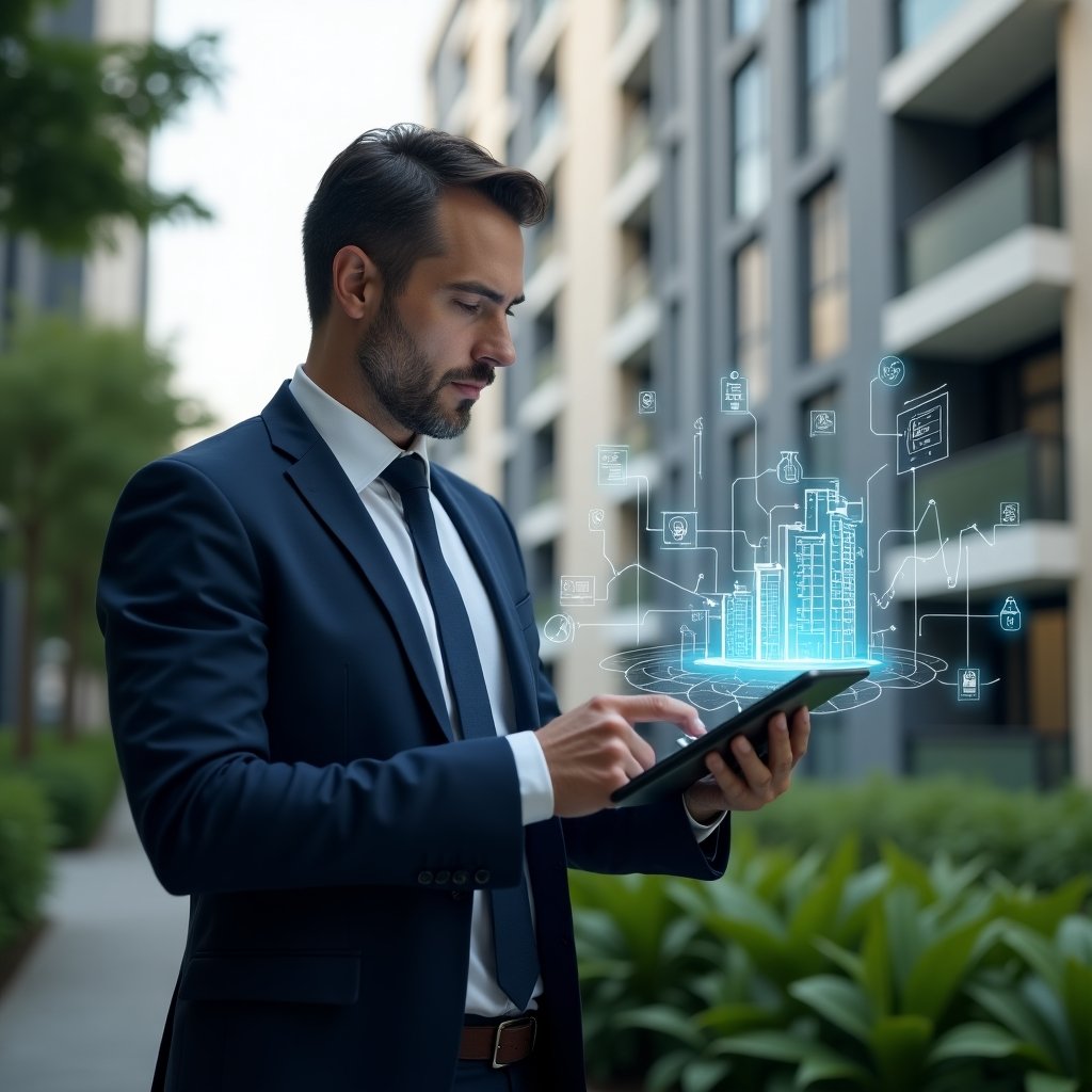 Ultra-realistic condominium manager in a tailored navy-blue suit, set in a modern luxury condominium environment with high-rise buildings and lush green landscaping, holding a tablet displaying holographic financial charts and facility icons, confidently analyzing data, subtle floating holograms of building layouts and checklists around them, cinematic lighting, shallow depth of field, highly detailed textures, realistic skin, photographic realism, 8k resolution --ar 1:1 --v 6