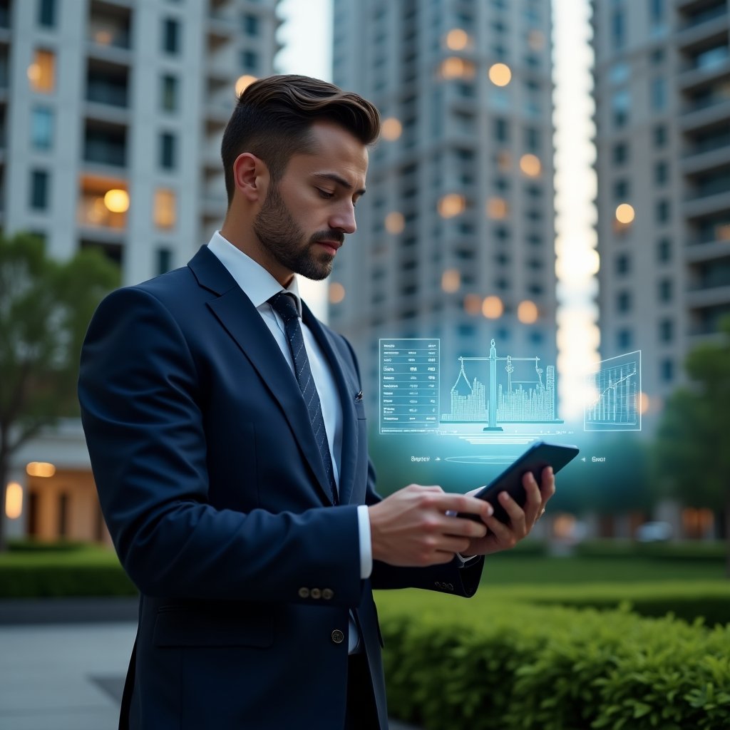 (Ultra-realistic condominium manager in a tailored navy suit, set in a modern luxury condominium environment with high-rise buildings and manicured green landscaping, mid-shot of a confident professional analyzing a tablet that projects holographic financial charts and legal scales, floating condominium management dashboard interface beside them, cinematic lighting, shallow depth of field, highly detailed textures, realistic skin, photographic realism, 8k resolution --ar 1:1 --v 6)