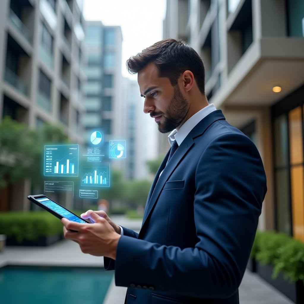 (Ultra-realistic condominium manager in a navy blue suit, set in a modern luxury condominium environment with high-rise buildings and green landscaping, medium shot reviewing holographic financial reports projected from a tablet with floating pie charts and bar graphs, confident and focused expression, cinematic lighting, shallow depth of field, highly detailed textures, realistic skin, photographic realism, 8k resolution --ar 1:1 --v 6)