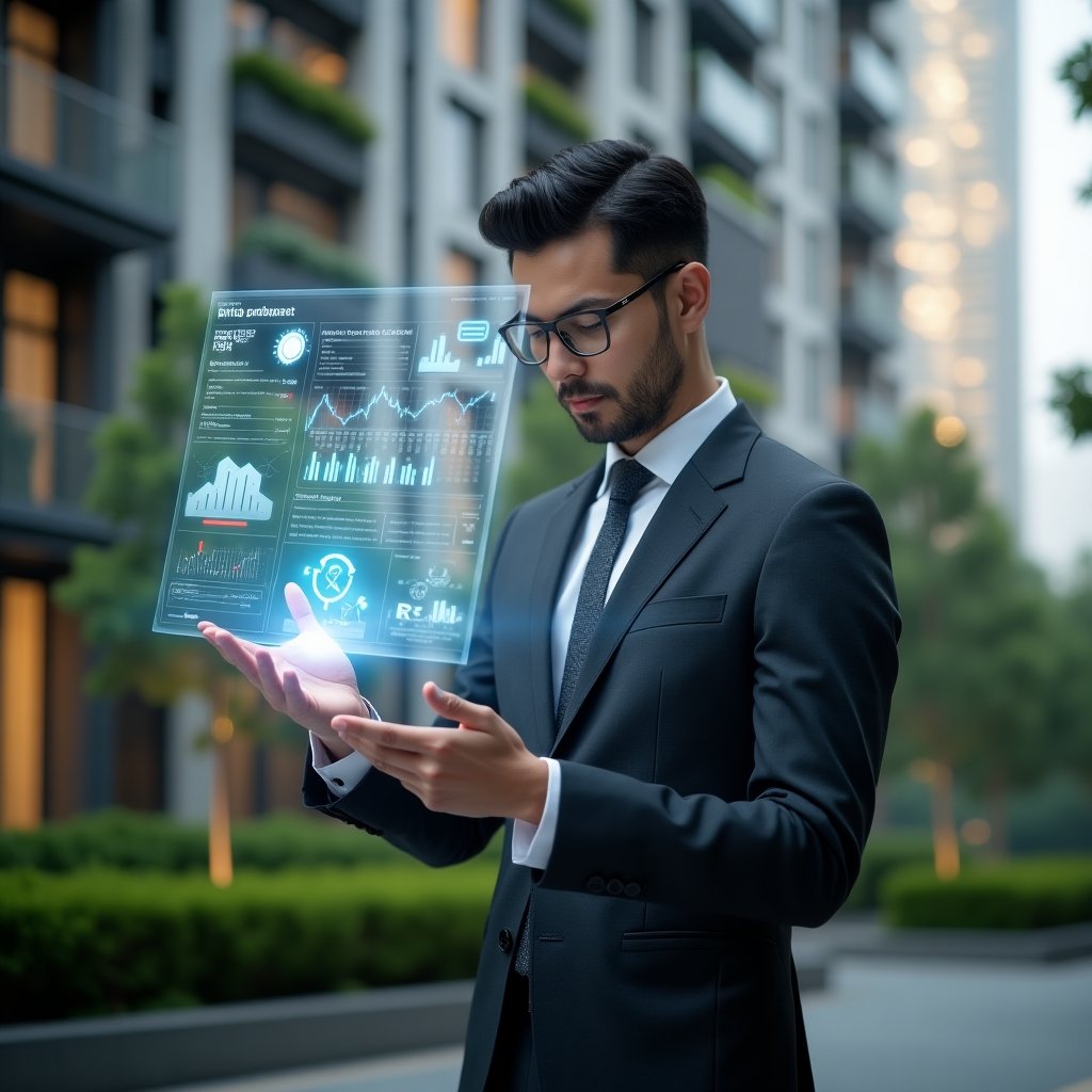 (Ultra-realistic condominium manager in a tailored dark gray suit, set in a modern luxury condominium environment with high-rise buildings and manicured green landscaping, examining a floating holographic financial report with glowing charts and graphs, projecting an icon of transparency as a digital shield, confident and focused expression, cinematic lighting, shallow depth of field, highly detailed textures, realistic skin, photographic realism, 8k resolution --ar 1:1 --v 6)