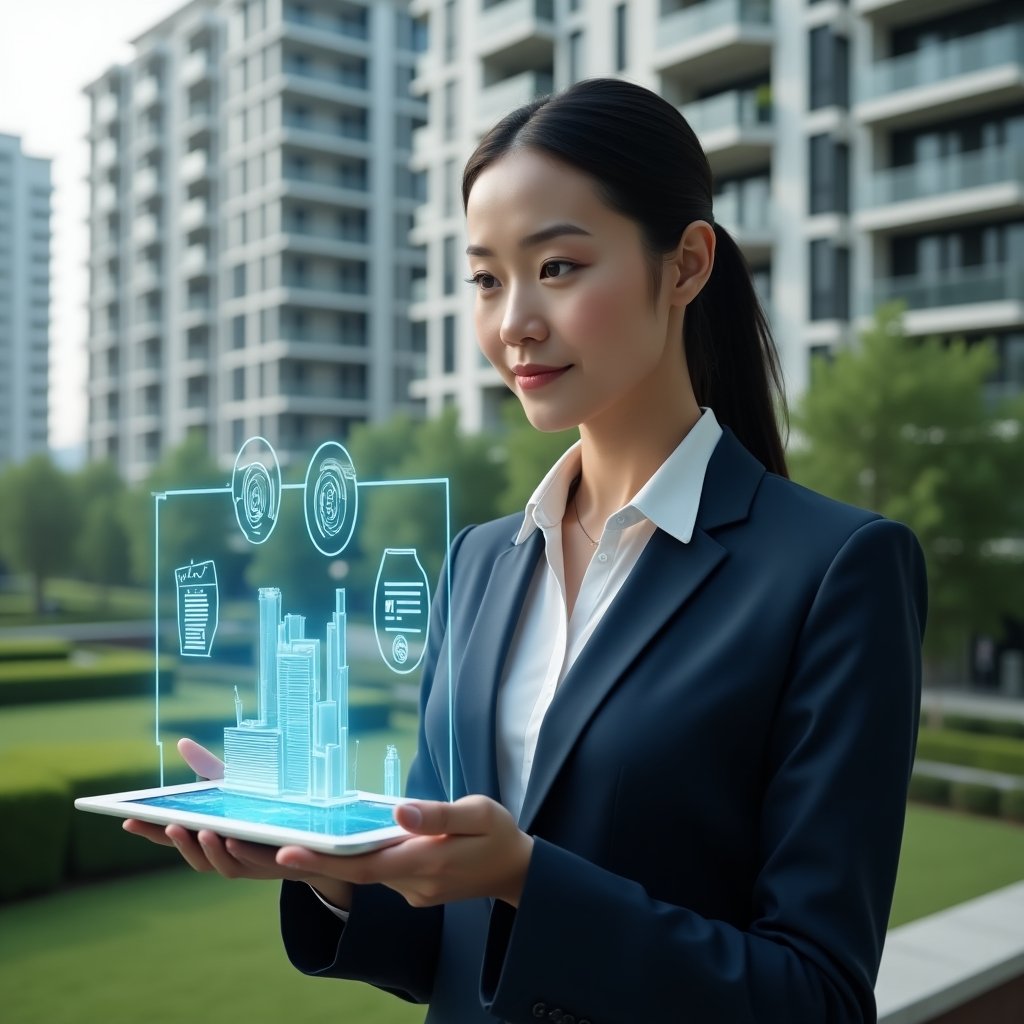 (Ultra-realistic condo manager in a tailored navy suit, set in a modern luxury condominium environment with high-rise buildings and lush green landscaping, medium shot of her holding a transparent tablet projecting holographic financial charts and building plans, surrounded by floating digital icons of checklists and messages, confident and thoughtful expression, cinematic lighting, shallow depth of field, highly detailed textures, realistic skin, photographic realism, 8k resolution --ar 1:1 --v 6)