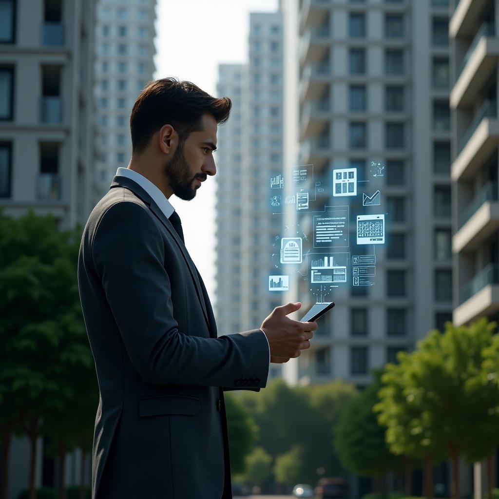 (Ultra-realistic condominium manager in a dark gray suit, set in a modern luxury condominium environment with high-rise buildings and lush green landscaping, holding a smartphone projecting holographic app interfaces, confidently analyzing digital charts and schedules, floating icons of financial reports and reservation calendars, cinematic lighting, shallow depth of field, highly detailed textures, realistic skin, photographic realism, 8k resolution --ar 1:1 --v 6)