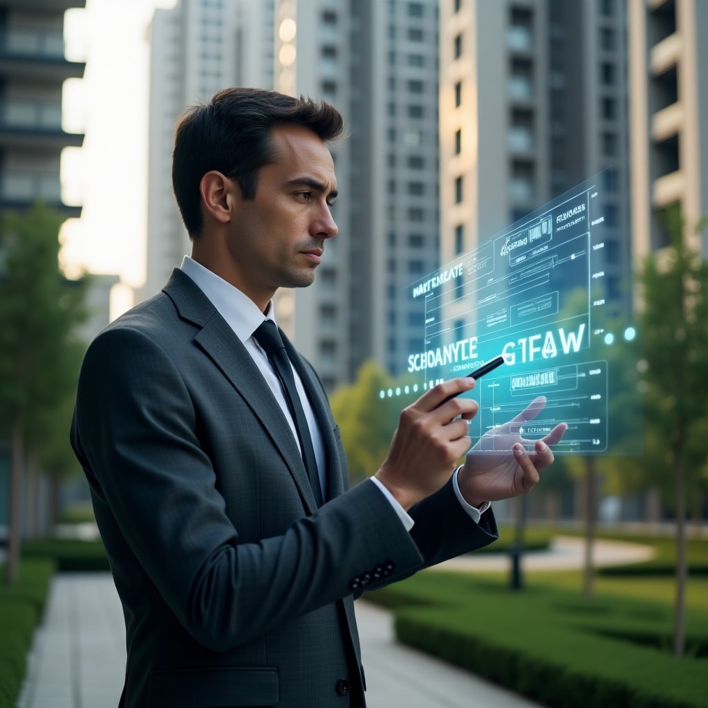 Ultra-realistic condominium manager in a charcoal gray executive suit, set in a modern luxury condominium environment with high-rise buildings and manicured green landscaping, reviewing a floating holographic schedule timeline with a stylus in hand, confident and focused expression, holographic icons representing maintenance tasks and digital notifications surrounding them, cinematic lighting, shallow depth of field, highly detailed textures, realistic skin, photographic realism, 8k resolution --ar 1:1 --v 6