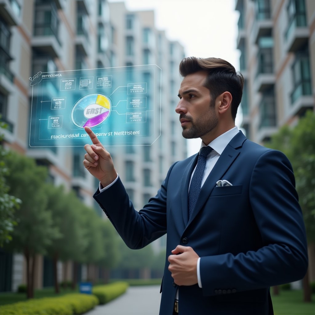 (Ultra-realistic condominium manager in a navy blue tailored suit, set in a modern luxury condominium environment with high-rise buildings and manicured greenery, medium shot of the manager pointing at a floating holographic floor plan divided into colored segments representing fraction ideal, holographic icons of percentages and property documents hovering nearby, confident and analytical expression, cinematic lighting, shallow depth of field, highly detailed textures, realistic skin, photographic realism, 8k resolution --ar 1:1 --v 6)