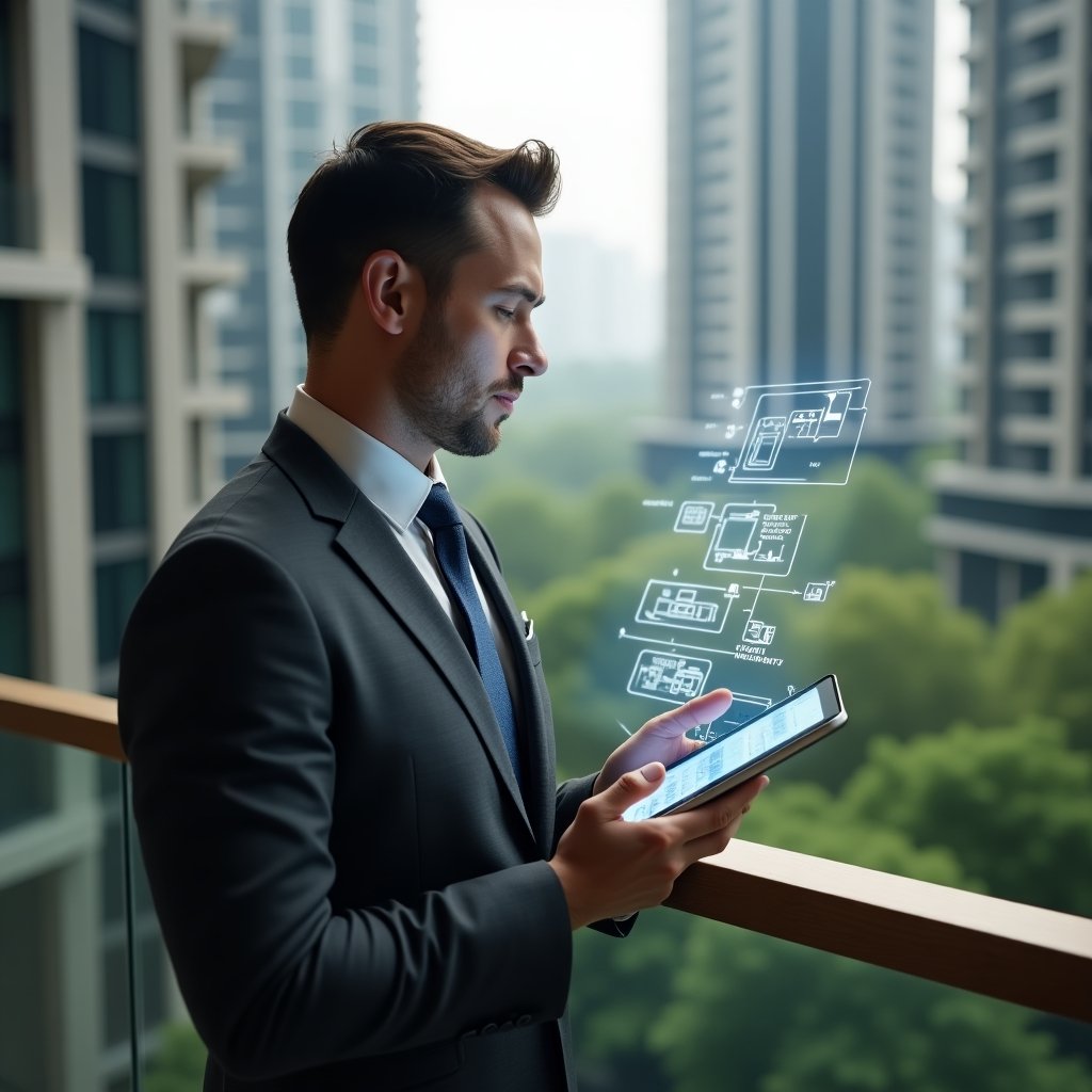 (Ultra-realistic condominium manager in a dark gray executive suit, set in a modern luxury condominium environment with high-rise buildings and lush green landscaping, holding a tablet displaying a holographic maintenance workflow checklist, confidently reviewing digital equipment inspection icons floating beside them, cinematic lighting, shallow depth of field, highly detailed textures, realistic skin, photographic realism, 8k resolution --ar 1:1 --v 6)