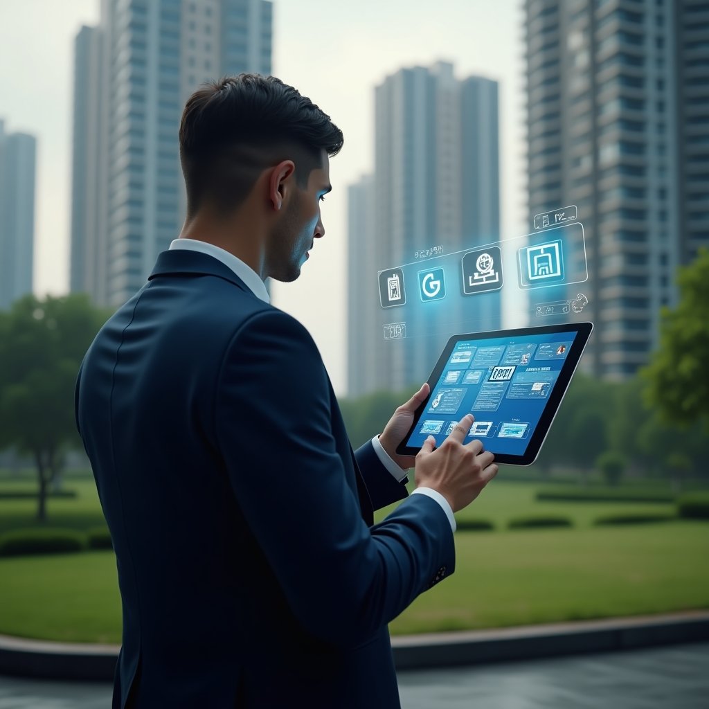 Ultra-realistic condominium manager in a tailored navy suit, set in a modern luxury condominium environment with high-rise buildings and manicured green landscaping, holding a digital tablet displaying holographic icons of electrical panels, pipelines, elevators, fire extinguishers and checklist items, thoughtfully analyzing a preventive maintenance plan, cinematic lighting, shallow depth of field, highly detailed textures, realistic skin, photographic realism, 8k resolution --ar 1:1 --v 6