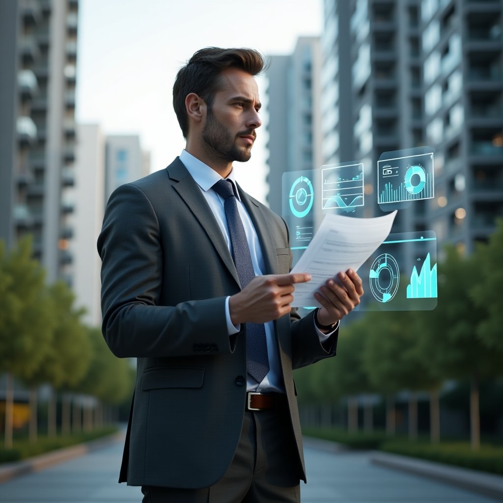 (Ultra-realistic condominium manager in a charcoal gray tailored suit, set in a modern luxury condominium environment with high-rise buildings and lush green landscaping, reviewing holographic financial charts with a confident and focused expression, floating audit icons and custom report graphs surrounding them, cinematic lighting, shallow depth of field, highly detailed textures, realistic skin, photographic realism, 8k resolution --ar 1:1 --v 6)