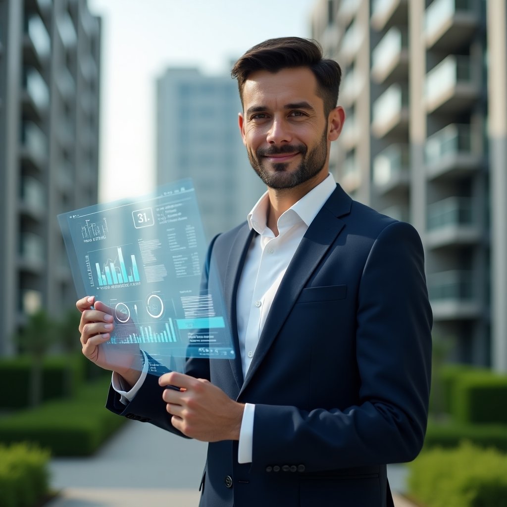 (Ultra-realistic condominium manager in a navy tailored suit with a crisp white shirt, set in a modern luxury condominium environment with high-rise buildings and manicured green landscaping, holding a translucent holographic financial report with floating charts and graphs, confident and focused expression, cinematic lighting, shallow depth of field, highly detailed textures, realistic skin, photographic realism, 8k resolution --ar 1:1 --v 6)