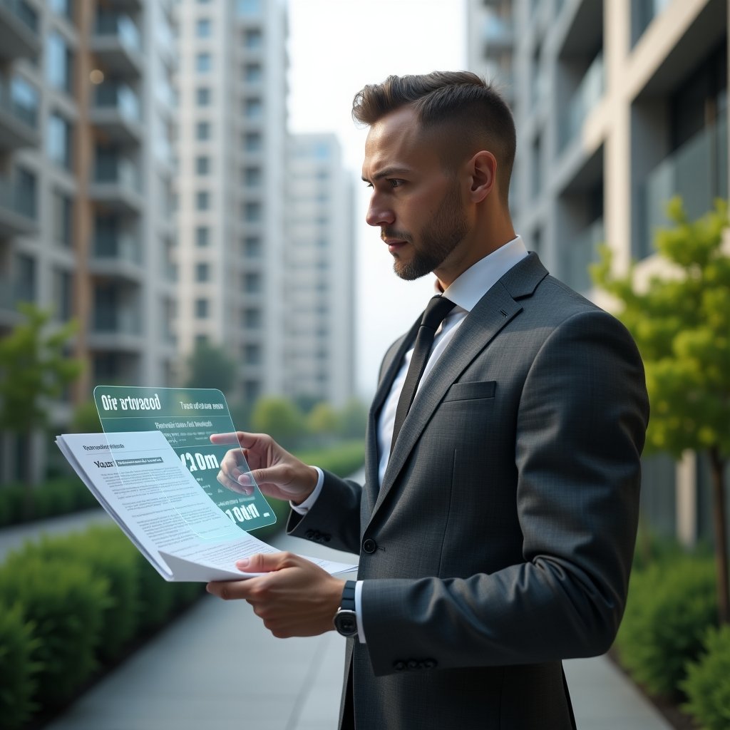 Ultra-realistic condominium manager in a charcoal gray tailored suit, set in a modern luxury condominium environment with high-rise buildings and lush green landscaping, presenting assembly documents and pointing at a holographic budget breakdown chart symbolizing transparent expense approval, confident and focused expression, cinematic lighting, shallow depth of field, highly detailed textures, realistic skin, photographic realism, 8k resolution --ar 1:1 --v 6