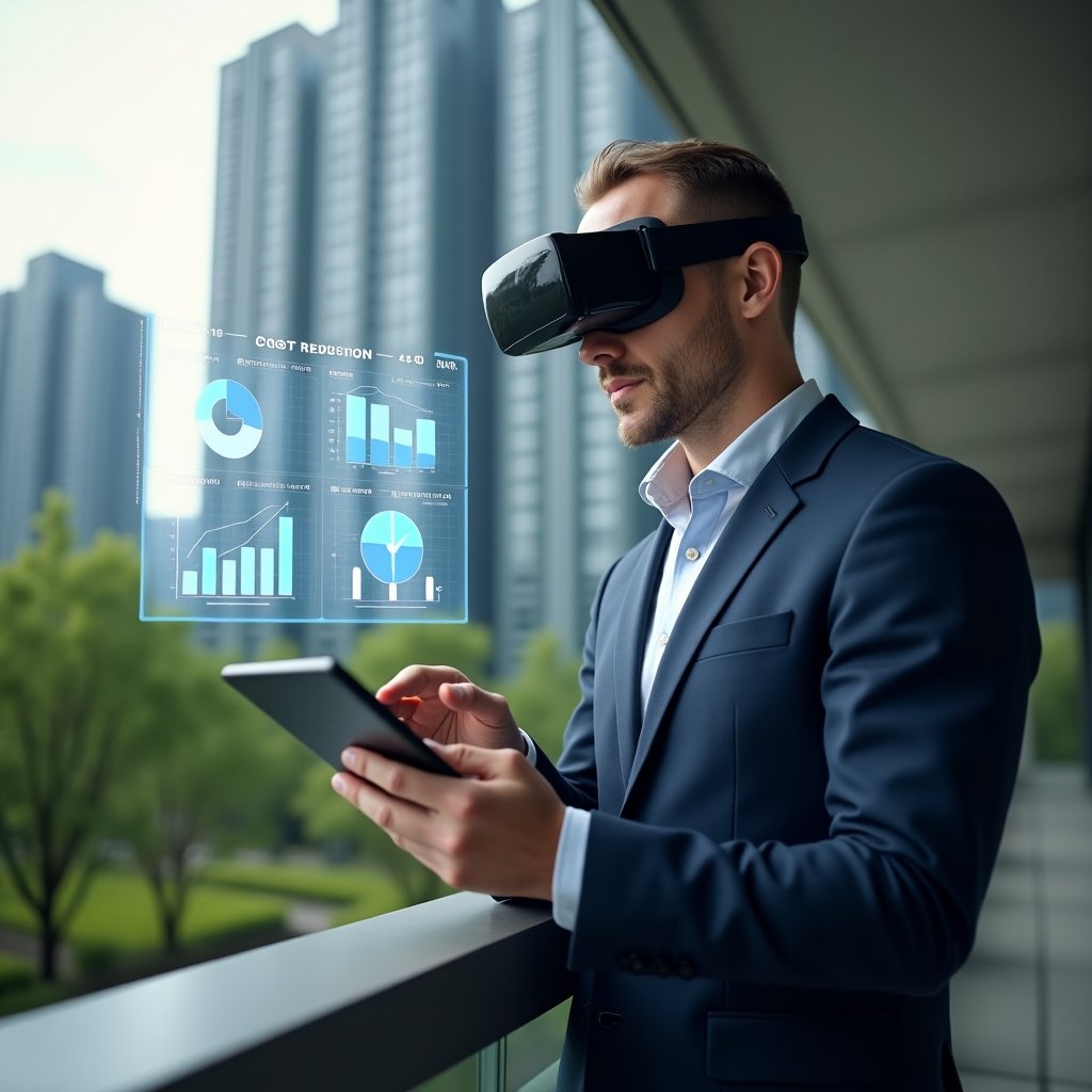 Ultra-realistic condominium manager in a navy executive suit, set in a modern luxury condominium environment with high-rise buildings and lush green landscaping, holding a digital tablet displaying holographic cost-reduction charts, thoughtfully analyzing expense graphs, holographic pie chart and bar graph floating beside them, cinematic lighting, shallow depth of field, highly detailed textures, realistic skin, photographic realism, 8k resolution --ar 1:1 --v 6