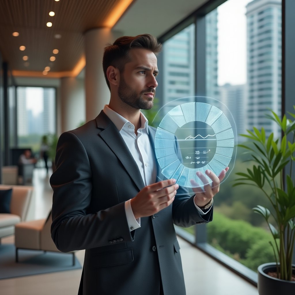 Ultra-realistic condominium manager in a tailored charcoal gray suit, set in a modern luxury condominium environment with high-rise buildings and manicured green landscaping, standing in a well-appointed lobby, analyzing a floating holographic pie chart and budget graphs with a confident, focused expression, holographic emergency wrench icon and coin symbols subtly integrated around the display, cinematic lighting, shallow depth of field, highly detailed textures, realistic skin, photographic realism, 8k resolution --ar 1:1 --v 6