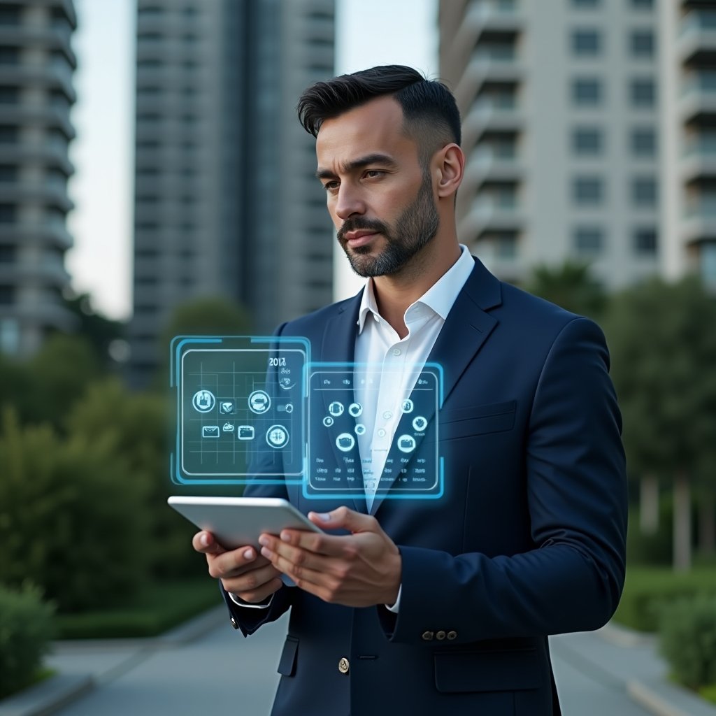Ultra-realistic condominium manager in a navy blue executive suit, set in a modern luxury condominium environment with high-rise buildings and lush green landscaping, medium close-up of the professional holding a digital tablet and interacting with a holographic task schedule, floating calendar icons and app interface elements representing an optimized management app, conveying confidence and focus, cinematic lighting, shallow depth of field, highly detailed textures, realistic skin, photographic realism, 8k resolution --ar 1:1 --v 6