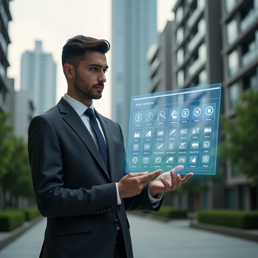 Ultra-realistic condominium manager in a tailored dark gray suit, set in a modern luxury condominium environment with high-rise buildings and meticulously landscaped greenery, interacting with a floating holographic activity schedule calendar showing maintenance tools and assembly alert icons, confident and focused expression, cinematic lighting, shallow depth of field, highly detailed textures, realistic skin, photographic realism, 8k resolution --ar 1:1 --v 6