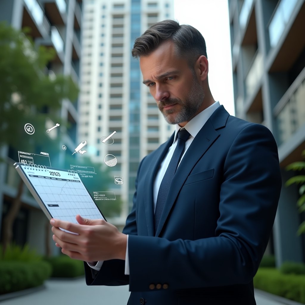 (Ultra-realistic condominium property manager in a tailored navy suit, set in a modern luxury condominium environment with high-rise buildings and lush green landscaping, mid-shot close-up of the manager reviewing a holographic annual schedule calendar with floating icons of inspection checklists, cleaning tools and assembly gavel, confident and thoughtful expression, cinematic lighting, shallow depth of field, highly detailed textures, realistic skin, photographic realism, 8k resolution --ar 1:1 --v 6)