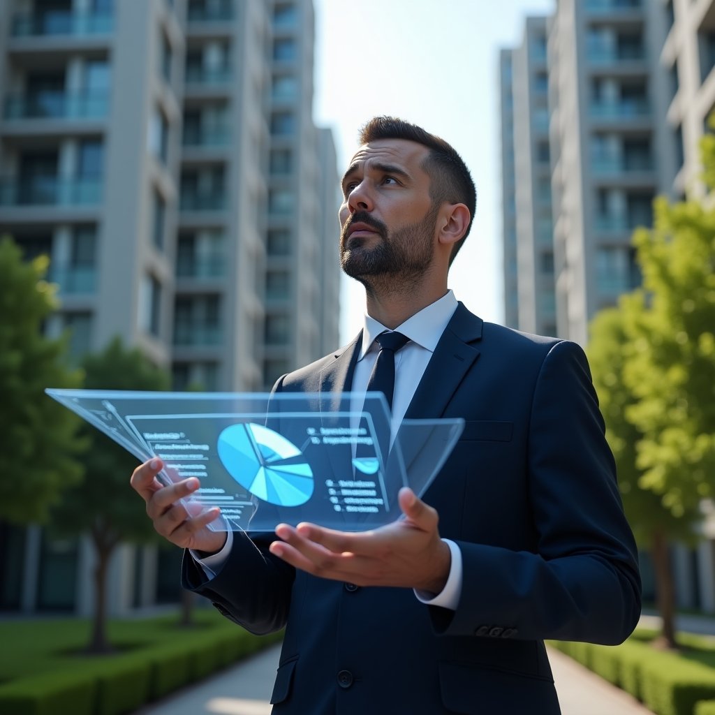 (Ultra-realistic property manager in a dark blue suit, set in a modern luxury condominium environment with high-rise buildings and manicured green landscaping, holding a transparent holographic pie chart showing unit fractions and quorum percentages, analyzing data with a thoughtful, confident expression, cinematic lighting, shallow depth of field, highly detailed textures, realistic skin, photographic realism, 8k resolution --ar 1:1 --v 6)