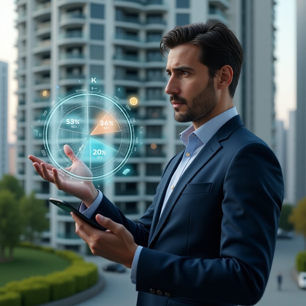 Ultra-realistic condominium manager in a navy suit, set in a modern luxury condominium environment with high-rise buildings and green landscaping, analyzing a holographic pie chart displaying unit fractions and financial data, holographic icons of coins and percentage symbols floating around, thoughtful and confident expression, cinematic lighting, shallow depth of field, highly detailed textures, realistic skin, photographic realism, 8k resolution --ar 1:1 --v 6