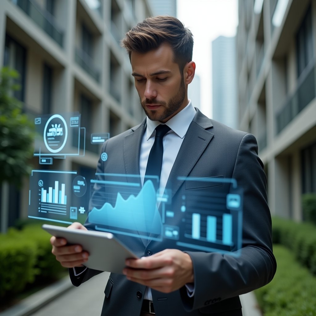 Ultra-realistic condominium manager in a charcoal gray suit, set in a modern luxury condominium environment with high-rise buildings and manicured green landscaping, reviewing holographic financial reports projected in front of him, floating digital report icons and charts around, confident and focused expression, cinematic lighting, shallow depth of field, highly detailed textures, realistic skin, photographic realism, 8k resolution --ar 1:1 --v 6