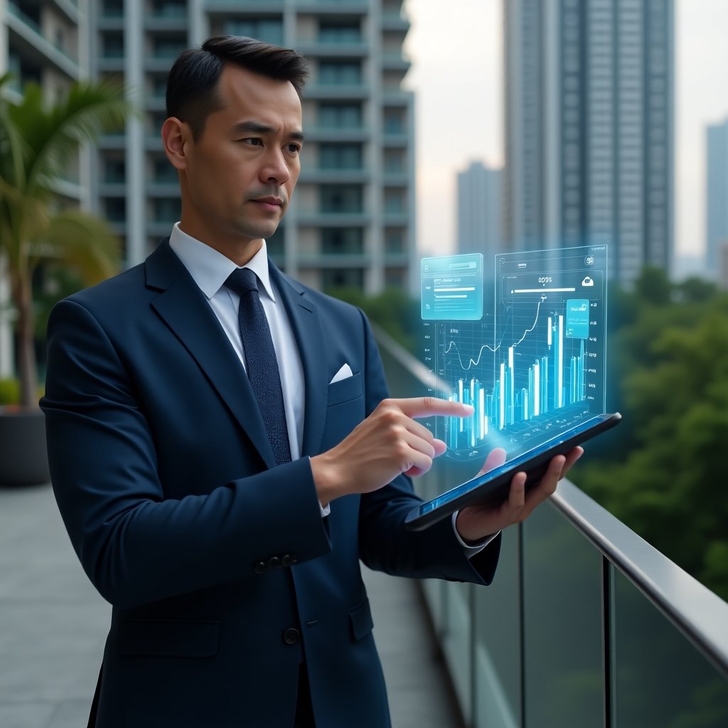 (Ultra-realistic condominium manager in a navy blue suit, set in a modern luxury condominium environment with high-rise buildings and green landscaping, holding a tablet displaying holographic financial charts and confidently pointing at the data, floating hologram of a monthly report icon beside them, cinematic lighting, shallow depth of field, highly detailed textures, realistic skin, photographic realism, 8k resolution --ar 1:1 --v 6)