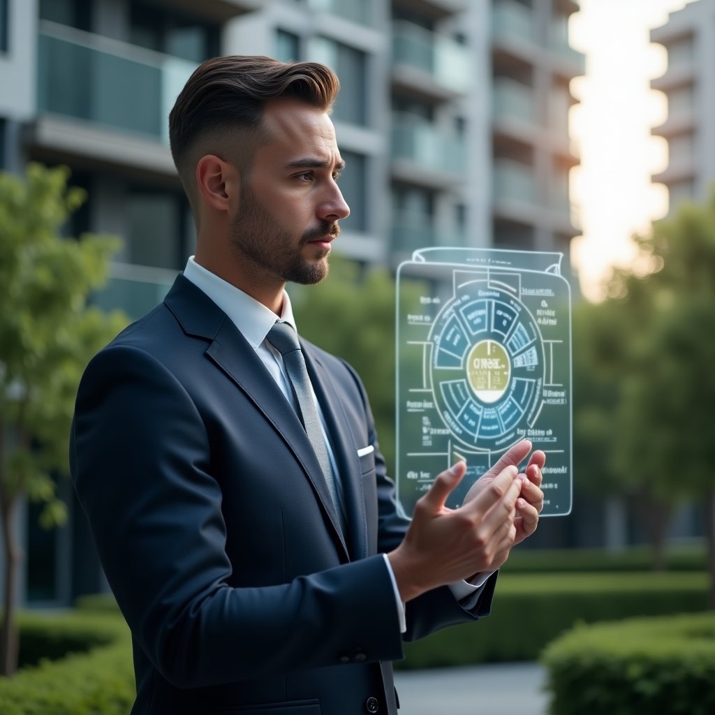 (Ultra-realistic condominium manager in a tailored navy suit, set in a modern luxury condominium environment with high-rise buildings and lush green landscaping, examining a transparent holographic pie chart representing ideal fraction allocation for expense sharing, thoughtful expression, holographic fractional graphs floating beside them, cinematic lighting, shallow depth of field, highly detailed textures, realistic skin, photographic realism, 8k resolution --ar 1:1 --v 6)