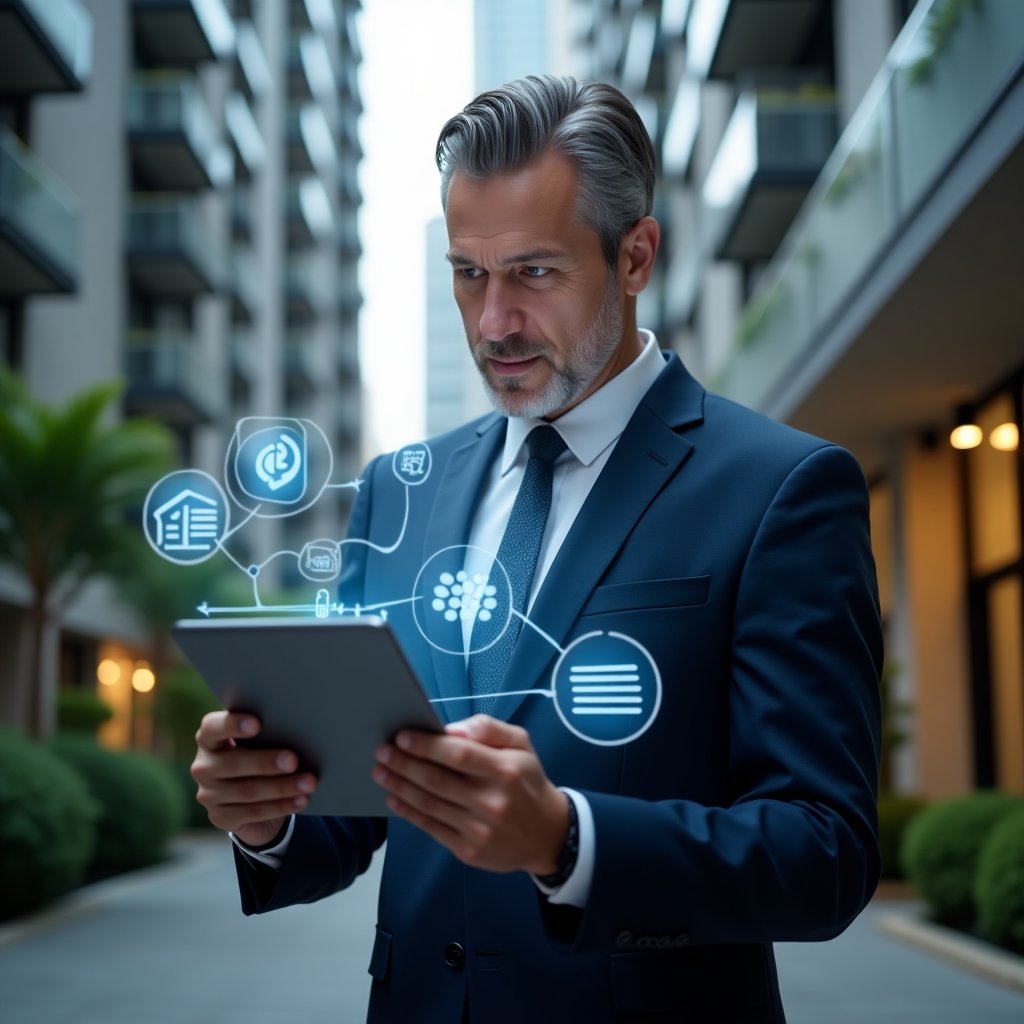 (Ultra-realistic condominium manager in a navy blue suit, set in a modern luxury condominium environment with high-rise buildings and meticulously landscaped gardens, holding a tablet displaying floating holographic icons of a management app interface, confidently reviewing data with a thoughtful expression, subtle holographic security shields and cost–saving graphs around, cinematic lighting, shallow depth of field, highly detailed textures, realistic skin, photographic realism, 8k resolution --ar 1:1 --v 6)