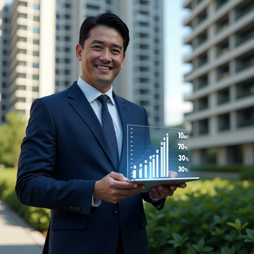 (Ultra-realistic condominium manager in a navy blue suit, set in a modern luxury condominium environment with high-rise buildings and green landscaping, holding a tablet displaying holographic growth charts illustrating 30-day ROI, floating **aplicativo para condomínio** icons around the screen, confident and optimistic expression, cinematic lighting, shallow depth of field, highly detailed textures, realistic skin, photographic realism, 8k resolution --ar 1:1 --v 6)