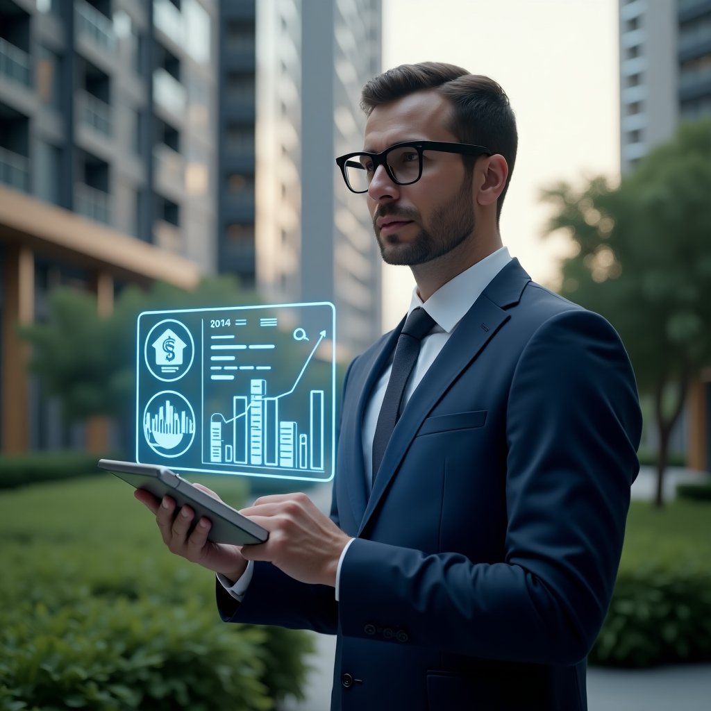 (Ultra-realistic condominium manager in a navy blue suit, set in a modern luxury condominium environment with high-rise buildings and lush green landscaping, holding a tablet displaying a holographic condo management app interface with icons for communication, billing and maintenance, confidently analyzing digital graphs, cinematic lighting, shallow depth of field, highly detailed textures, realistic skin, photographic realism, 8k resolution --ar 1:1 --v 6)