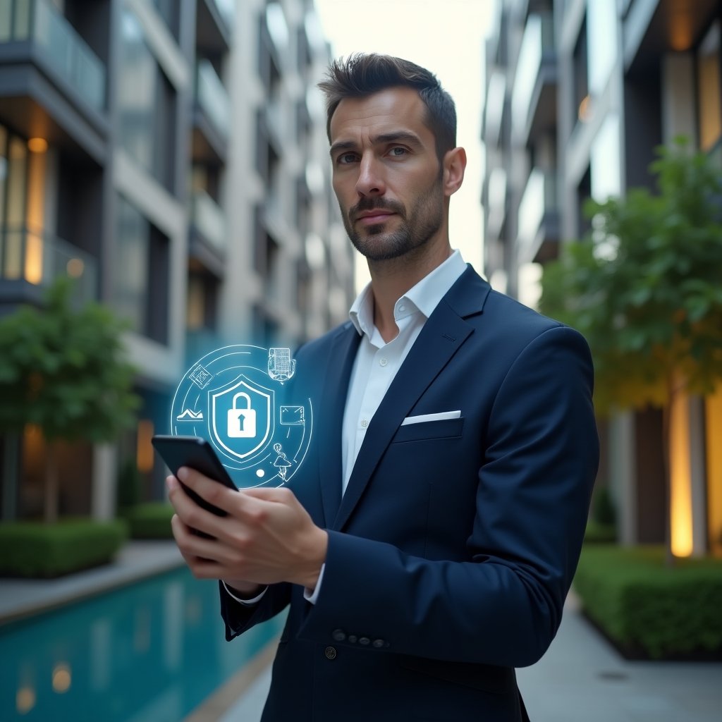 (Ultra-realistic condominium manager in a tailored navy suit, set in a modern luxury condominium environment with high-rise buildings and lush green landscaping, confidently holding a smartphone displaying a holographic interface of an **aplicativo de gestão** with floating security shield and financial chart icons, cinematic lighting, shallow depth of field, highly detailed textures, realistic skin, photographic realism, 8k resolution --ar 1:1 --v 6)