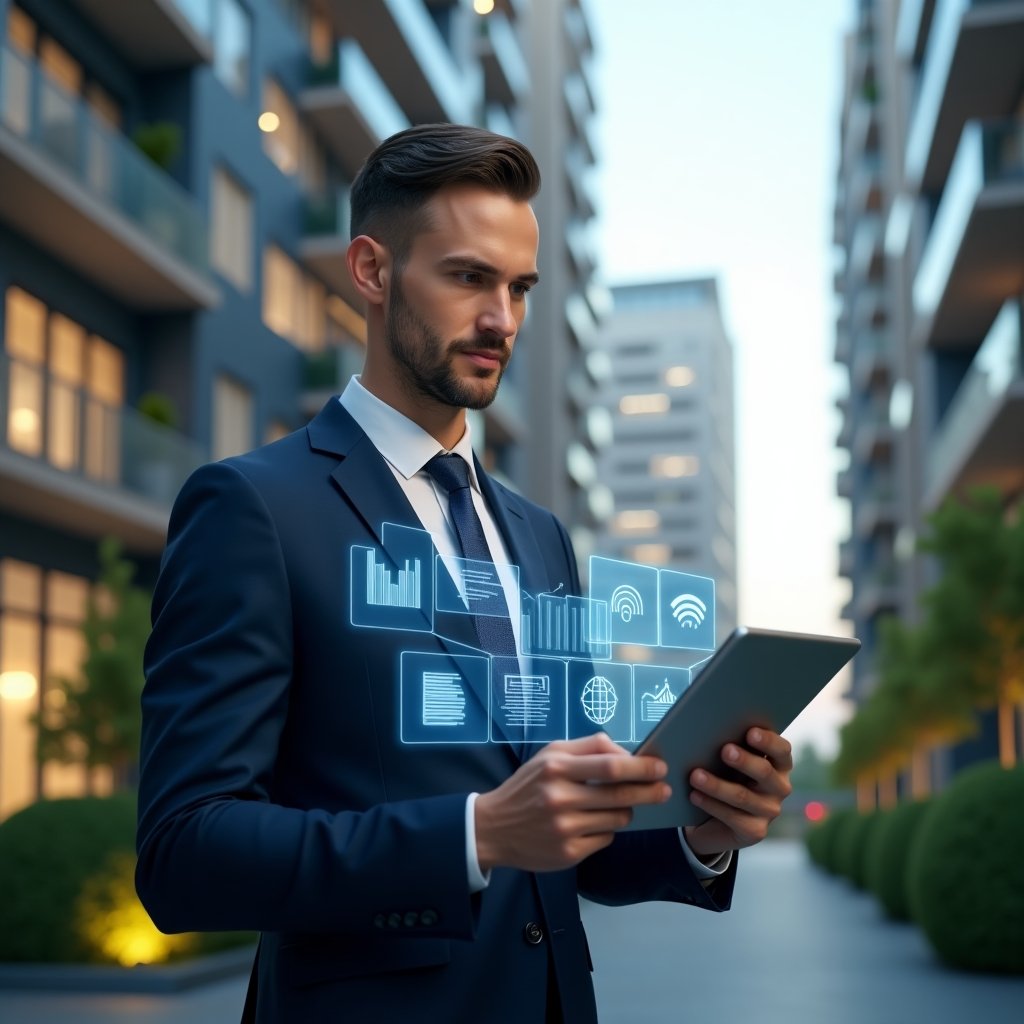 (Ultra-realistic property manager in a navy blue suit, set in a modern luxury condominium environment with high-rise buildings and green landscaping, holding a digital tablet displaying holographic financial reports and graphs, analyzing data with a confident expression, floating holographic icons of charts and invoices around them, cinematic lighting, shallow depth of field, highly detailed textures, realistic skin, photographic realism, 8k resolution --ar 1:1 --v 6)