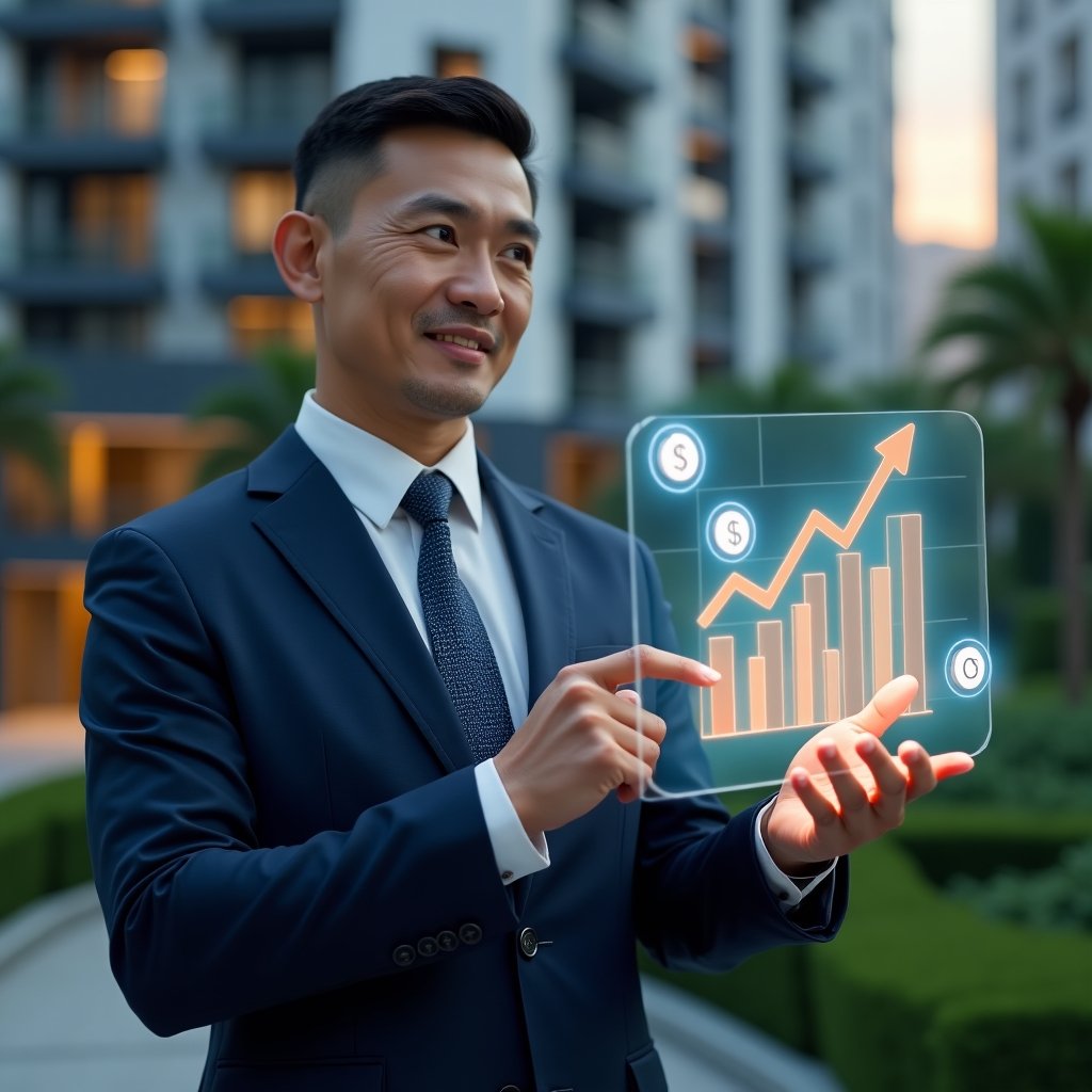 (Ultra-realistic condominium manager in a navy blue suit, set in a modern luxury condominium environment with high-rise buildings and meticulously landscaped greenery, holding a transparent holographic financial report and pointing at rising bar charts, holographic icons of coins and balance sheets floating beside them, confident and thoughtful expression, cinematic lighting, shallow depth of field, highly detailed textures, realistic skin, photographic realism, 8k resolution --ar 1:1 --v 6)