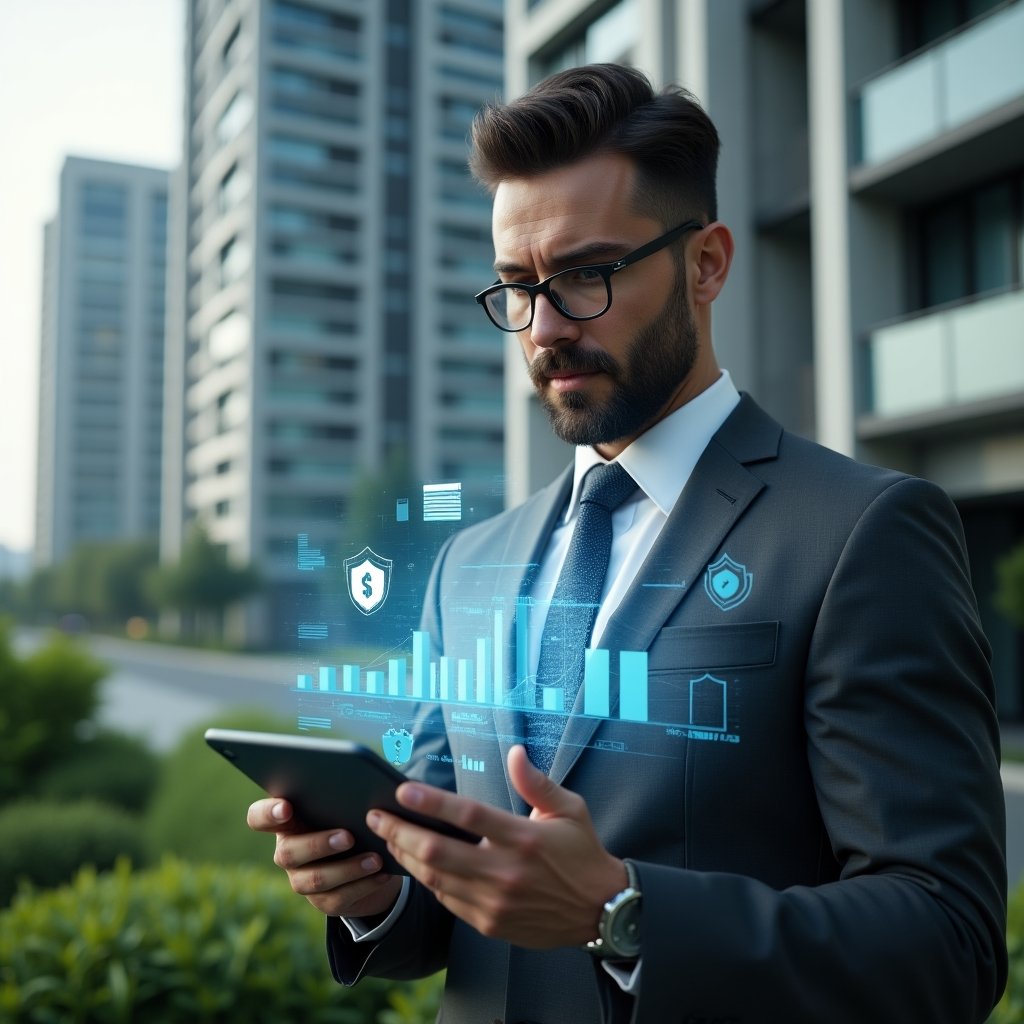 (Ultra-realistic condominium administrator in a charcoal gray suit, set in a modern luxury condominium environment with high-rise buildings and green landscaping, confidently examining a holographic financial dashboard displaying investment growth charts, floating holographic icons of legal documents and security shields around them, cinematic lighting, shallow depth of field, highly detailed textures, realistic skin, photographic realism, 8k resolution --ar 1:1 --v 6)