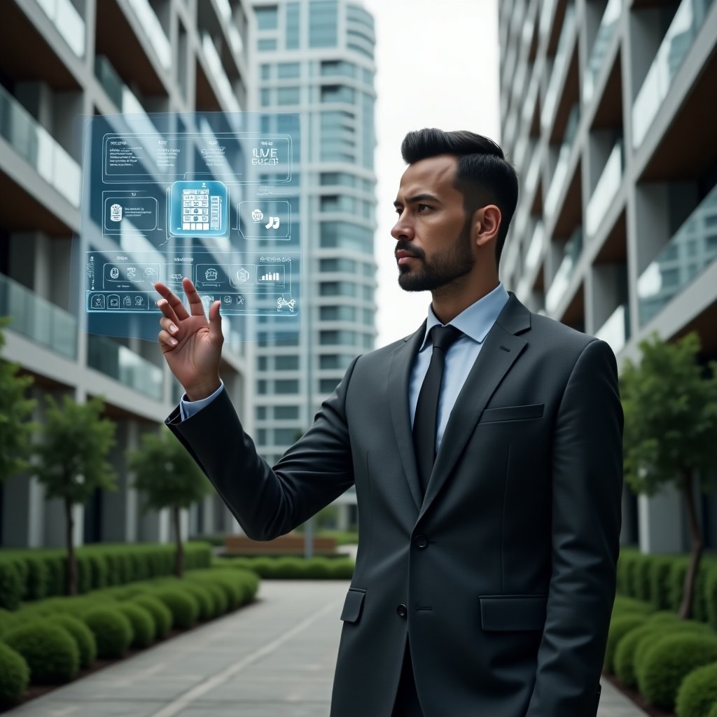 (Ultra-realistic condominium manager in a tailored charcoal suit, set in a modern luxury condominium environment with high-rise buildings and meticulously manicured green landscaping, medium close-up shot of them confidently gesturing toward a floating holographic dashboard displaying building icons, checklists, chat bubbles and financial charts, cinematic lighting, shallow depth of field, highly detailed textures, realistic skin, photographic realism, 8k resolution --ar 1:1 --v 6)