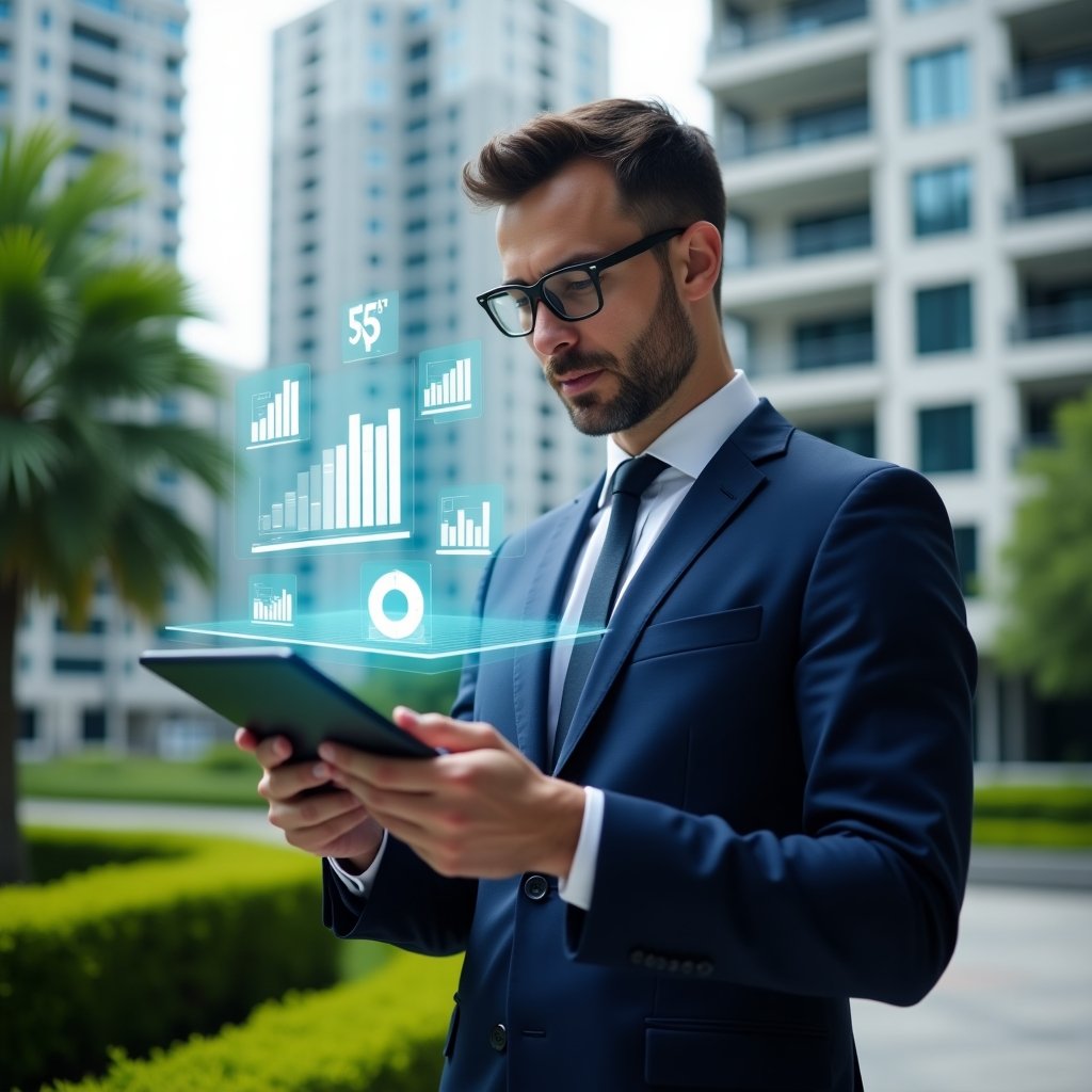 (Ultra-realistic property manager in a navy blue suit, set in a modern luxury condominium environment with high-rise buildings and manicured green landscaping, reviewing a digital financial report on a tablet with holographic charts and transparent ledger icons floating around, confident and focused expression, cinematic lighting, shallow depth of field, highly detailed textures, realistic skin, photographic realism, 8k resolution --ar 1:1 --v 6)