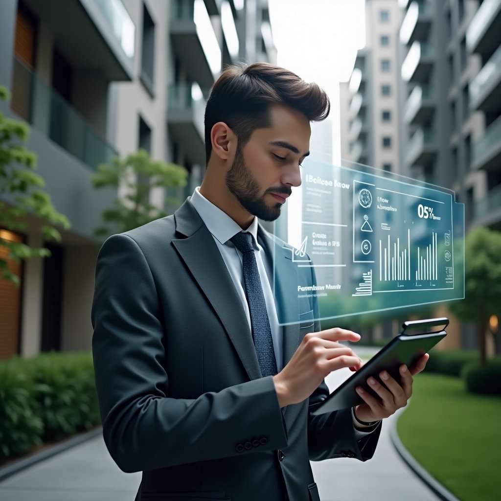 (Ultra-realistic condominium manager in a dark gray tailored suit, set in a modern luxury condominium environment with high-rise buildings and meticulously landscaped gardens, holding a tablet and analyzing holographic financial charts and approval workflows, holographic icons of currency symbols and checkmarks floating around, confident and focused expression, cinematic lighting, shallow depth of field, highly detailed textures, realistic skin, photographic realism, 8k resolution --ar 1:1 --v 6)
