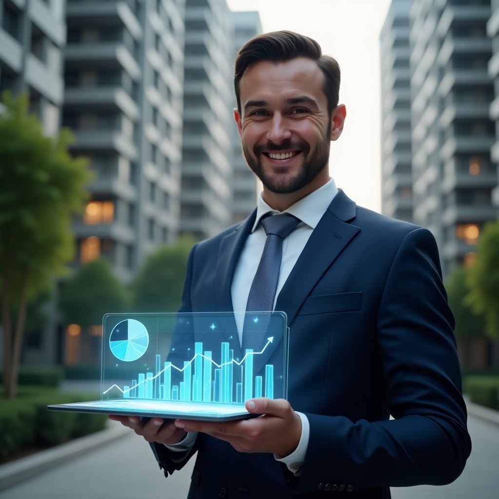 (Ultra-realistic condominium manager in a dark blue suit, set in a modern luxury condominium environment with high-rise buildings and green landscaping, presenting holographic financial charts on a transparent tablet with a confident smile, symbolic glowing pie chart and bar graph hovering beside them, cinematic lighting, shallow depth of field, highly detailed textures, realistic skin, photographic realism, 8k resolution --ar 1:1 --v 6)