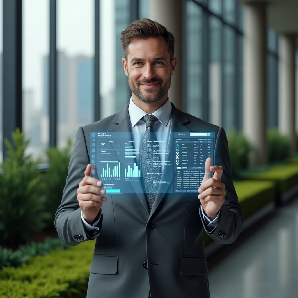 Ultra-realistic condominium manager in a charcoal gray suit, set in a modern luxury condominium environment with high-rise buildings and manicured green landscaping, holding a transparent holographic financial dashboard displaying charts and ledgers, focused and confident expression, cinematic lighting, shallow depth of field, highly detailed textures, realistic skin, photographic realism, 8k resolution --ar 1:1 --v 6