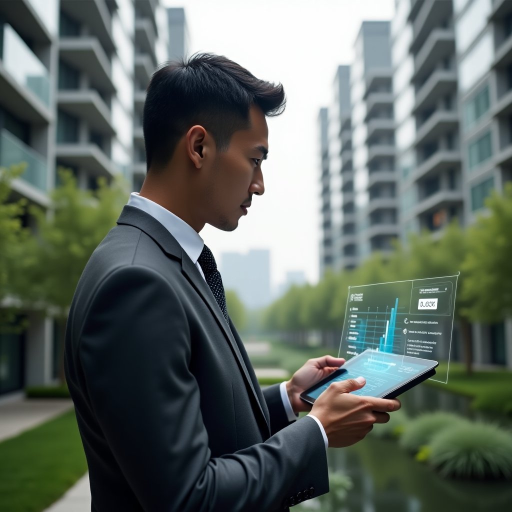 Ultra-realistic condominium manager in a charcoal gray suit, set in a modern luxury condominium environment with high-rise buildings and manicured green gardens, holding a digital tablet displaying a holographic financial chart, confidently reviewing proposal documents, a floating checklist icon beside them symbolizing meticulous evaluation, cinematic lighting, shallow depth of field, highly detailed textures, realistic skin, photographic realism, 8k resolution --ar 1:1 --v 6