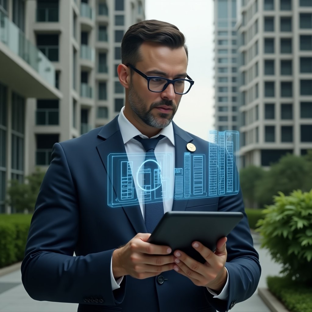 (Ultra-realistic condominium manager in a tailored navy suit, set in a modern luxury condominium environment with high-rise buildings and lush green landscaping, holding a digital tablet and examining a holographic interface showing rising ROI charts and condo management icons, confident expression, cinematic lighting, shallow depth of field, highly detailed textures, realistic skin, photographic realism, 8k resolution --ar 1:1 --v 6)