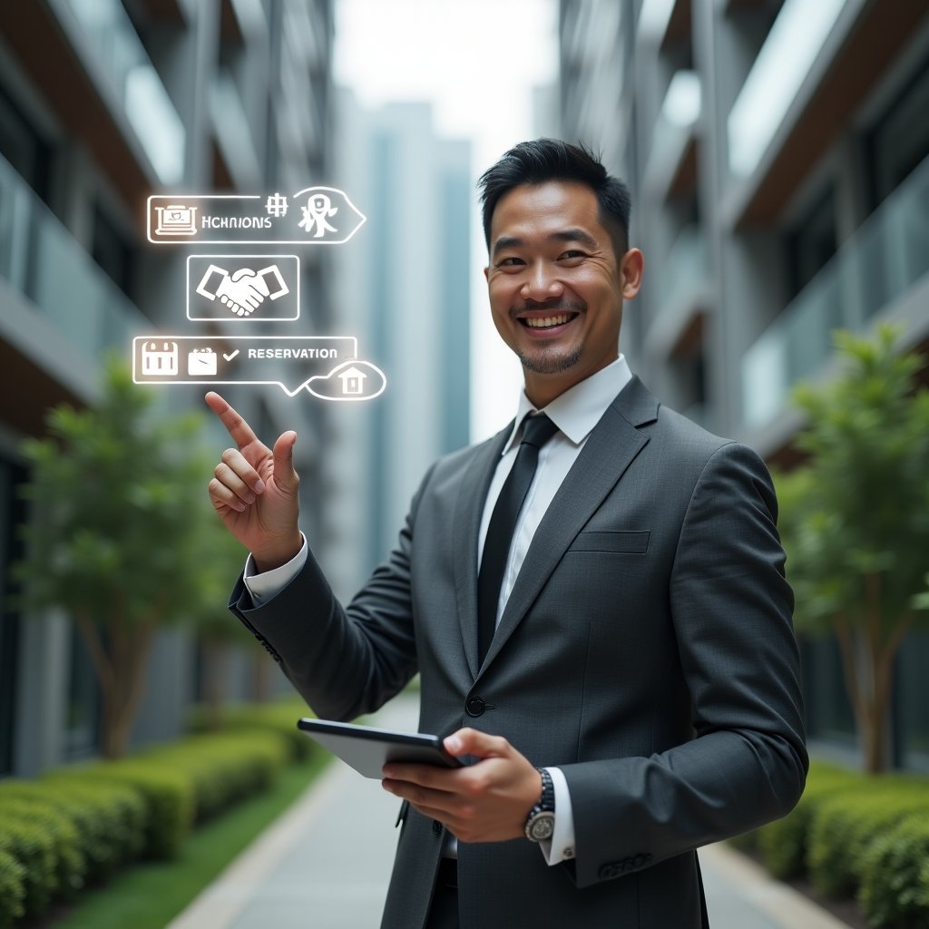 (Ultra-realistic condominium manager in a charcoal gray executive suit, set in a modern luxury condominium environment with high-rise buildings and manicured green landscaping, holding a tablet and pointing at a floating holographic interface displaying neighbor icons, speech bubbles, handshake symbols and a calendar reservation, conveying harmony and efficient communication, confident and friendly expression, cinematic lighting, shallow depth of field, highly detailed textures, realistic skin, photographic realism, 8k resolution --ar 1:1 --v 6)