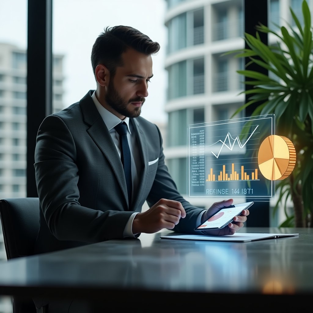 (Ultra-realistic condominium manager in a charcoal gray suit, set in a modern luxury condominium environment with high-rise buildings and green landscaping, reviewing holographic financial charts and graphs projected above a polished table, confident and focused expression, holding a digital tablet displaying budget breakdowns, symbolic golden pie chart icon floating beside, cinematic lighting, shallow depth of field, highly detailed textures, realistic skin, photographic realism, 8k resolution --ar 1:1 --v 6)