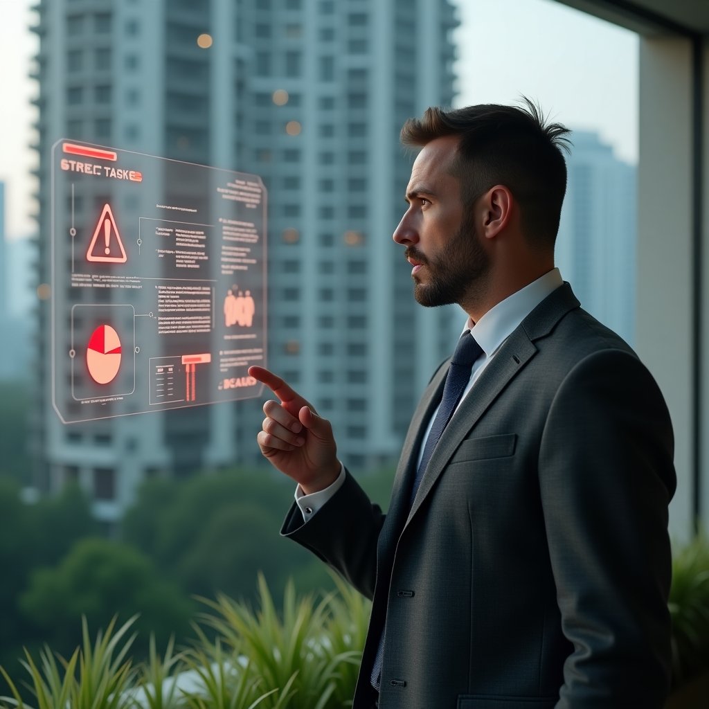 (Ultra-realistic condominium manager in a charcoal gray suit, set in a modern luxury condominium environment with high-rise buildings and green landscaping, examining a floating holographic dashboard with red warning icons and pie charts that represent administration errors, pointing thoughtfully at the display, serious and focused expression, cinematic lighting, shallow depth of field, highly detailed textures, realistic skin, photographic realism, 8k resolution --ar 1:1 --v 6)