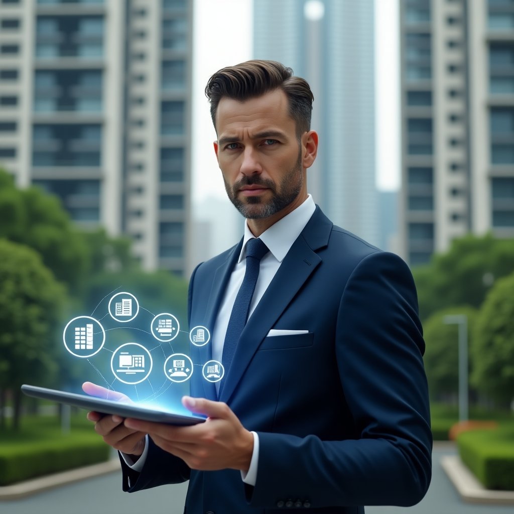 (Ultra-realistic condominium manager in a navy blue suit, set in a modern luxury condominium environment with high-rise buildings and lush green landscaping, holding a transparent holographic tablet displaying icons for communication, finance, reservations, security, maintenance, documents and analytics, looking confident and focused, cinematic lighting, shallow depth of field, highly detailed textures, realistic skin, photographic realism, 8k resolution --ar 1:1 --v 6)