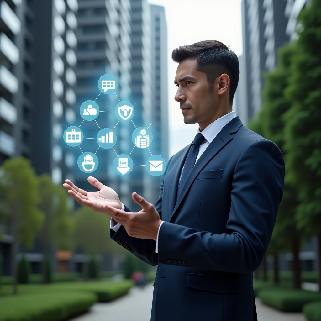 (Ultra-realistic condominium manager in a sleek navy suit, set in a modern luxury condominium environment with high-rise buildings and manicured green landscaping, holding a translucent holographic interface displaying seven interactive icons for finance, chat, calendar, security, maintenance, documents and reservations, confidently analyzing the floating data, futuristic holographic symbols glowing around their hand, cinematic lighting, shallow depth of field, highly detailed textures, realistic skin, photographic realism, 8k resolution --ar 1:1 --v 6)