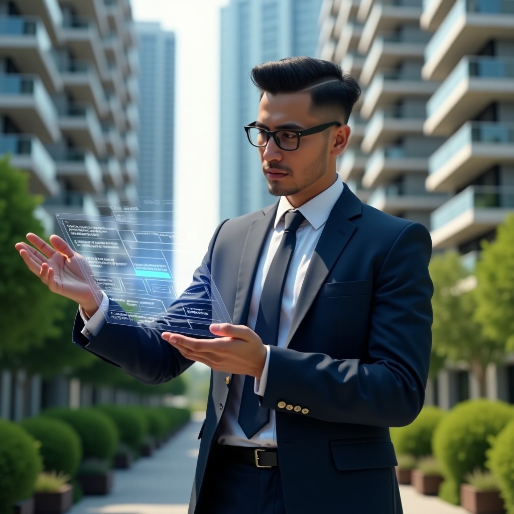 (Ultra-realistic condominium manager in a sharp navy suit, set in a modern luxury condominium environment with high-rise buildings and lush green landscaping, mid-shot reviewing a holographic calendar of tasks with floating schedule icons, confident and focused expression, cinematic lighting, shallow depth of field, highly detailed textures, realistic skin, photographic realism, 8k resolution --ar 1:1 --v 6)