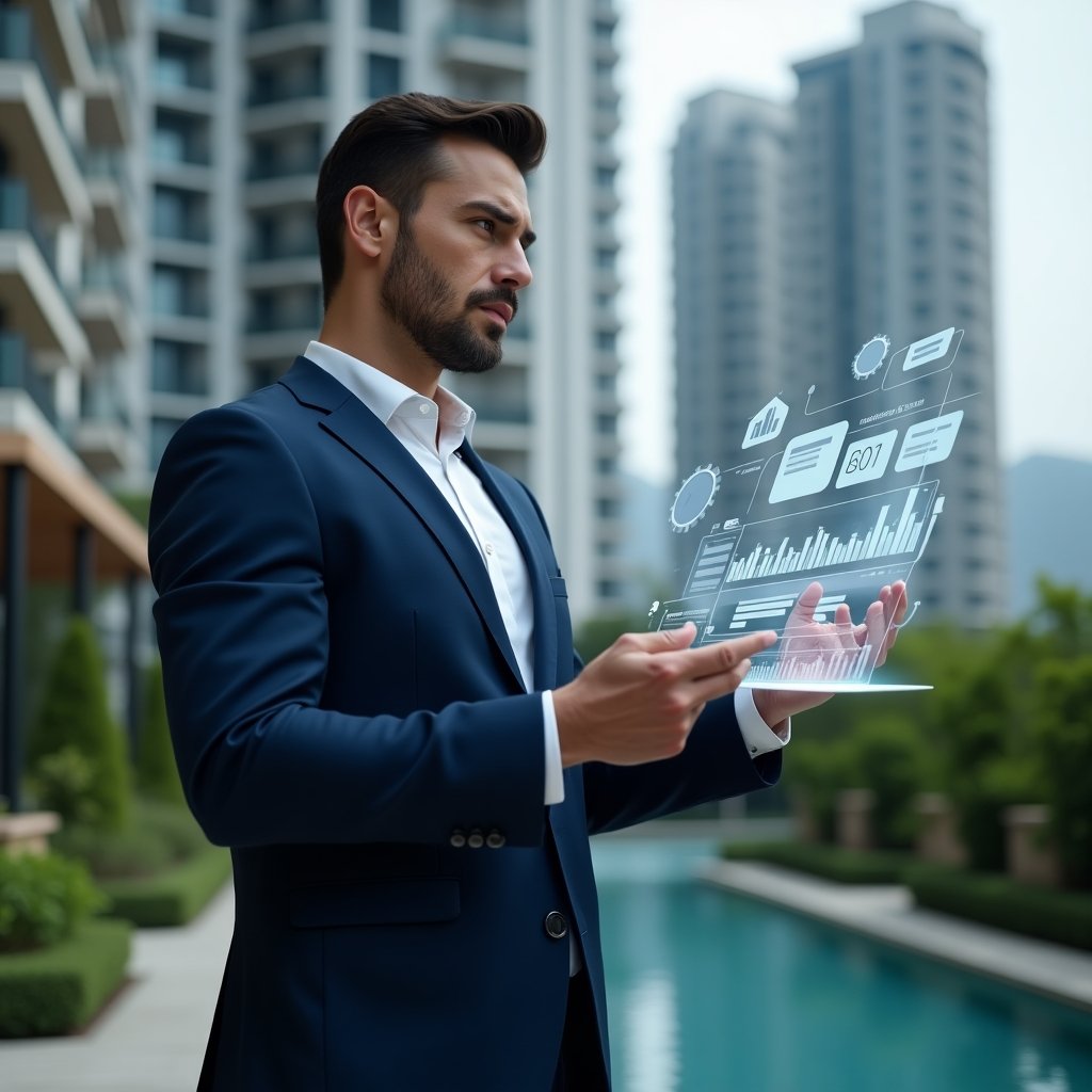 (Ultra-realistic condominium manager in a navy blue executive suit, set in a modern luxury condominium environment with high-rise buildings and manicured green landscaping, medium shot with cinematic lighting and shallow depth of field, the manager confidently analyzing a holographic financial report with floating charts and digital icons symbolizing transparency and audit efficiency, highly detailed textures, realistic skin, photographic realism, 8k resolution --ar 1:1 --v 6)