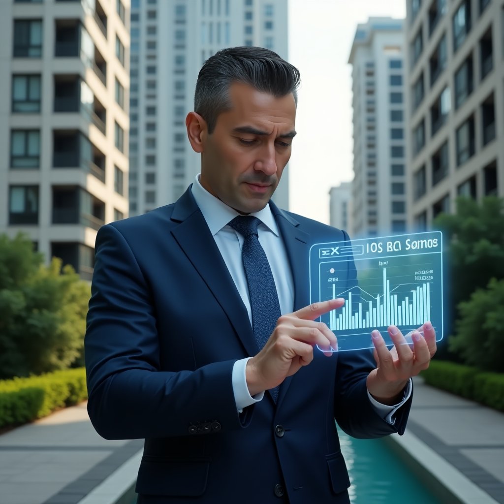 (Ultra-realistic condominium manager in a navy tailored suit, set in a modern luxury condominium environment with high-rise buildings and green landscaping, reviewing a floating holographic cost-savings dashboard with graphs and currency icons, confident expression, cinematic lighting, shallow depth of field, highly detailed textures, realistic skin, photographic realism, 8k resolution --ar 1:1 --v 6)