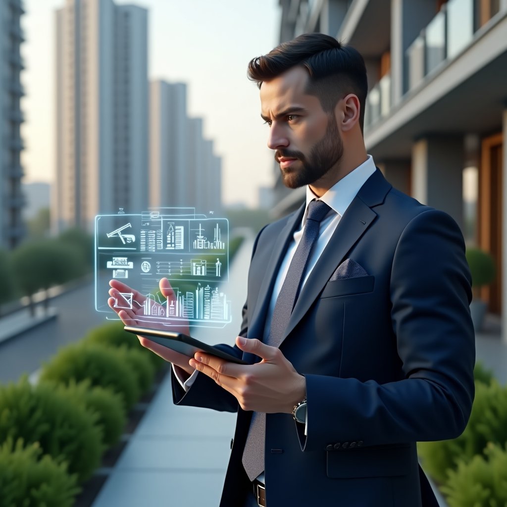 (Ultra-realistic condominium manager in a tailored navy suit, set in a modern luxury condominium environment with high-rise buildings and manicured green landscaping, reviewing a holographic budget plan on a transparent tablet while pointing at floating expense charts and construction tool icons, confident and focused expression, cinematic lighting, shallow depth of field, highly detailed textures, realistic skin, photographic realism, 8k resolution --ar 1:1 --v 6)
